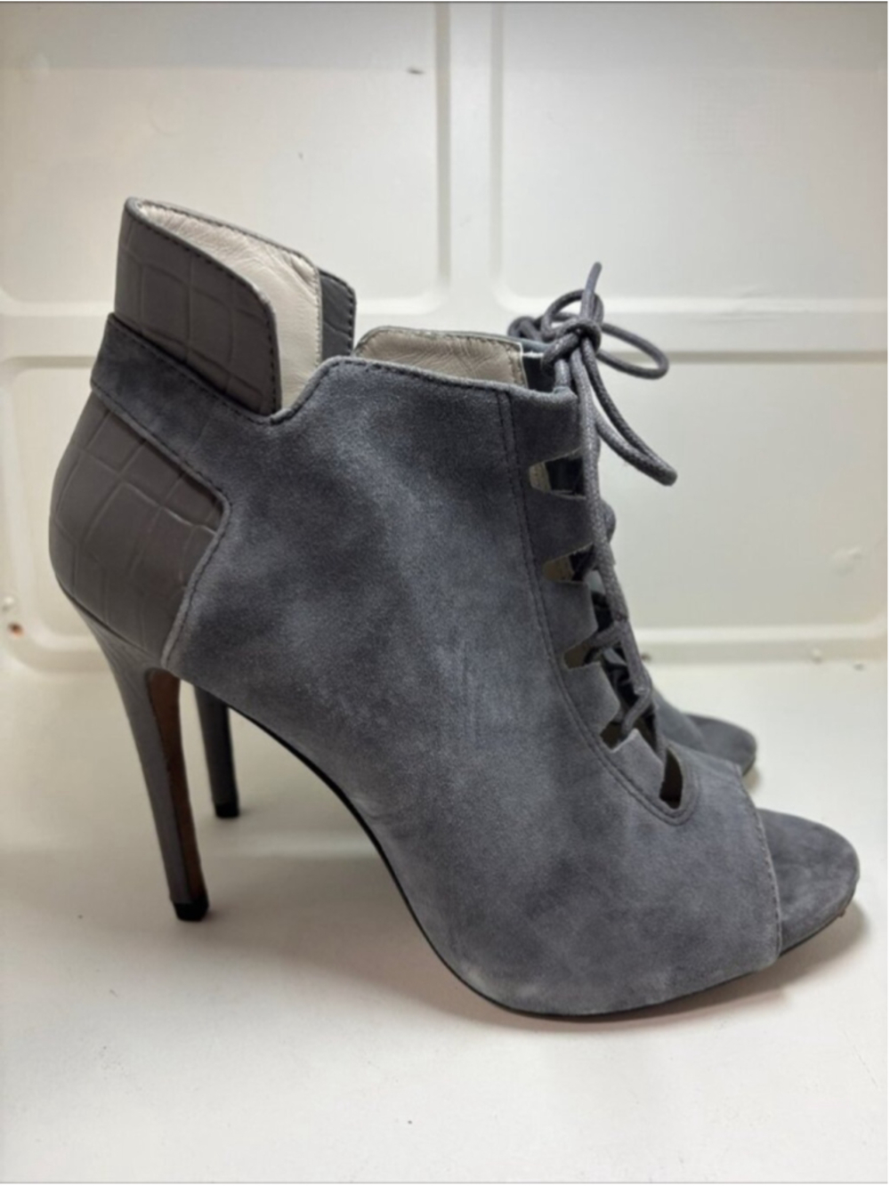 Pour La Victoire Grey Suede Lace-Up Peep Toe Heels trendy date night chic sexy